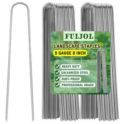 8 Gauge Landscape Staples, FUIJOL 8 Inch 15 25 50 100 Pack Heavy Duty U-Shaped Landscape Stakes, Galvanized Garden Staples for Weed Barrier Stakes, Ground Cover, Irrigation Tubing, Fence (25, 8 Inch)