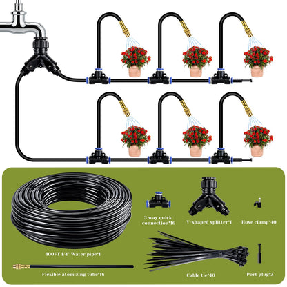 100 Ft Drip Irrigation System for Garden - 16pcs Adjustable Brass Nozzles & Bendable Rod,Upgraded Garden Watering System for Outdoor Plants,Raised Bed,Yard,Potted Plant,Lawn