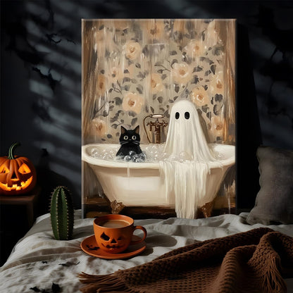 Halloween Ghost Bathroom Canvas Wall Art, Horror Ghost and Cute Black Cat in Bathtub Pictures Wall Decor, Gothic Dark Academia Paintings Prints for Toilet Dorm 12x16 inch Framed