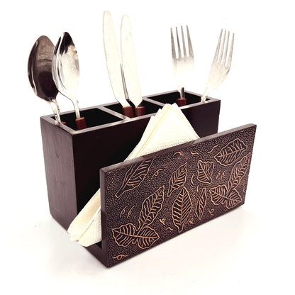 ZYNTIX Wooden Napkin Stand with Cutlery Holder | Cutlery Stand | Napkin Stand with Spoons for Kitchen | Tissue Paper with Offices Stationary Holder | Spoon Stand for Dining table (Brown)