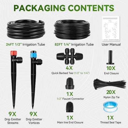 Drip Irrigation System,106FT Automatic Garden Watering System with 1/2" & 1/4" Fast-Lock Tubing Adjustable Nozzles & Sprinklers,Quick-Connect Drip Irrigation System Kit for Garden,Lawn,Potted Plants
