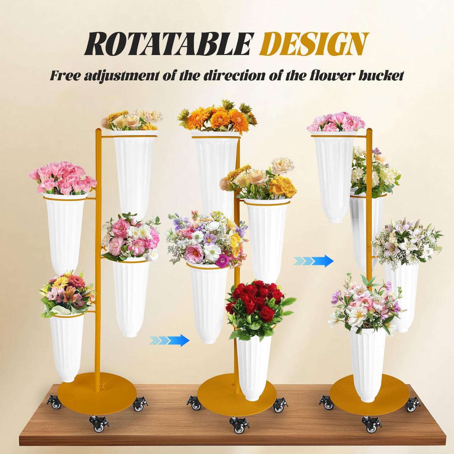 LEALIBAUSS Metal Flower Bar Stand With 4 Buckets Flower Cart Display Stand with Wheels Floral Bar for Wedding,Garden Events Party Decor (GOLD)
