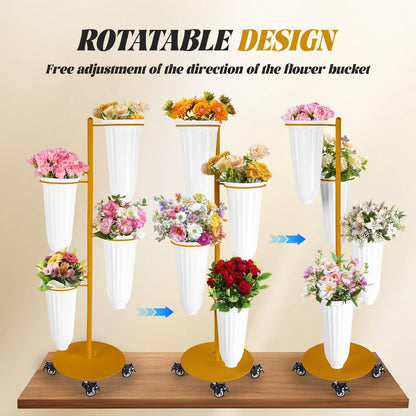 LEALIBAUSS Metal Flower Bar Stand With 4 Buckets Flower Cart Display Stand with Wheels Floral Bar for Wedding,Garden Events Party Decor (GOLD)