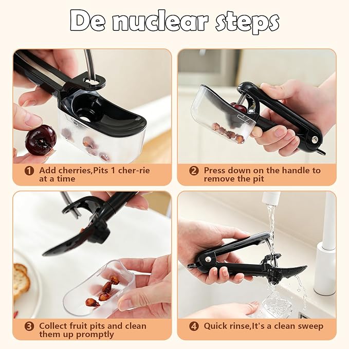 Cherry Pitter Tool, Stainless Steel Cherry Pitter with Built-in Pit Catcher - Food Grade ABS & Steel Core Remover, Ergonomic Grip, Safety Lock, Dishwasher Safe