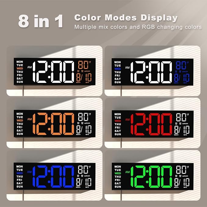 JALL 16" Large Digital Wall Mount Clock, Count Down Timer, Alarm, Big LED, RGB Color, DST, Temperature for Living Room Classroom Desk, Xmas, Birthday Gift, for Senior Mom Dad (Green White, 16 inches)