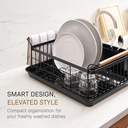 YAMAZAKI Home Dish Drying Rack – Modern Black Dish Rack for Kitchen Counter with Removable Drainer Tray and Cutlery Holder, Steel + Wood Dish Drying Organizer, Small Space-Saving Design