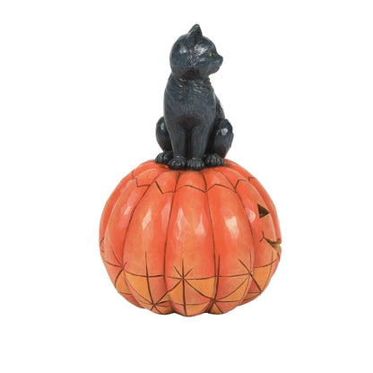 Enesco Jim Shore Heartwood Creek Halloween Black Cat Sitting on Pumpkin Lit Figurine- Stone Resin Hand Painted Crafted Collectible Halloween Figurines with Lights Home Decor Statue, 5.04 Inch