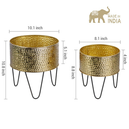 MyGift Modern Brass Tone Metal Planter Pots with Pebbled Texture, Hammered Plant Containers with Matte Black Wire Stands, 2 Piece Set, 8 and 10 Inch - Handcrafted in India