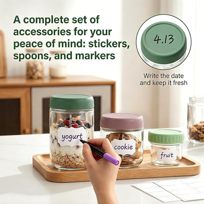 12 Pack Overnight Oats Containers with Lids, 16oz/10oz/4oz Glass Jars with Airtight Lids, Wide Mouth Mason Jars, Reusable Food Storage Containers for Oats, Chia Pudding, Salad, Spice, Meal Prep
