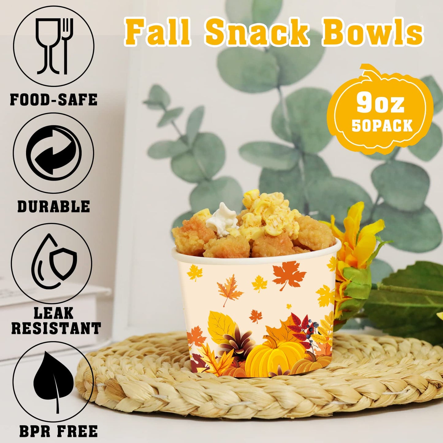 gisgfim 50Pcs Thanksgiving Snack Bowls, Fall Disposable 9 oz Paper Treat Cups Autumn Themed Dessert Bowls Soup Cups for Hot or Cold Food Party Supplies