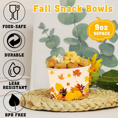 gisgfim 50Pcs Thanksgiving Snack Bowls, Fall Disposable 9 oz Paper Treat Cups Autumn Themed Dessert Bowls Soup Cups for Hot or Cold Food Party Supplies