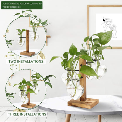 CYZglass Plant Terrarium Propagation Stations with Wooden Stand, Glass Vase for Indoor Hydroponics Home Garden Office Decoration Gift for Women - 4 Love Bulb Vase
