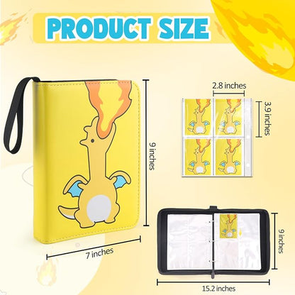 Premium Collectible Trading Card Albums，Card Binder Fits 400 Cards with 50 Removable Sleeves，Display Game Card Case book Holder, Fire Dragon Themes