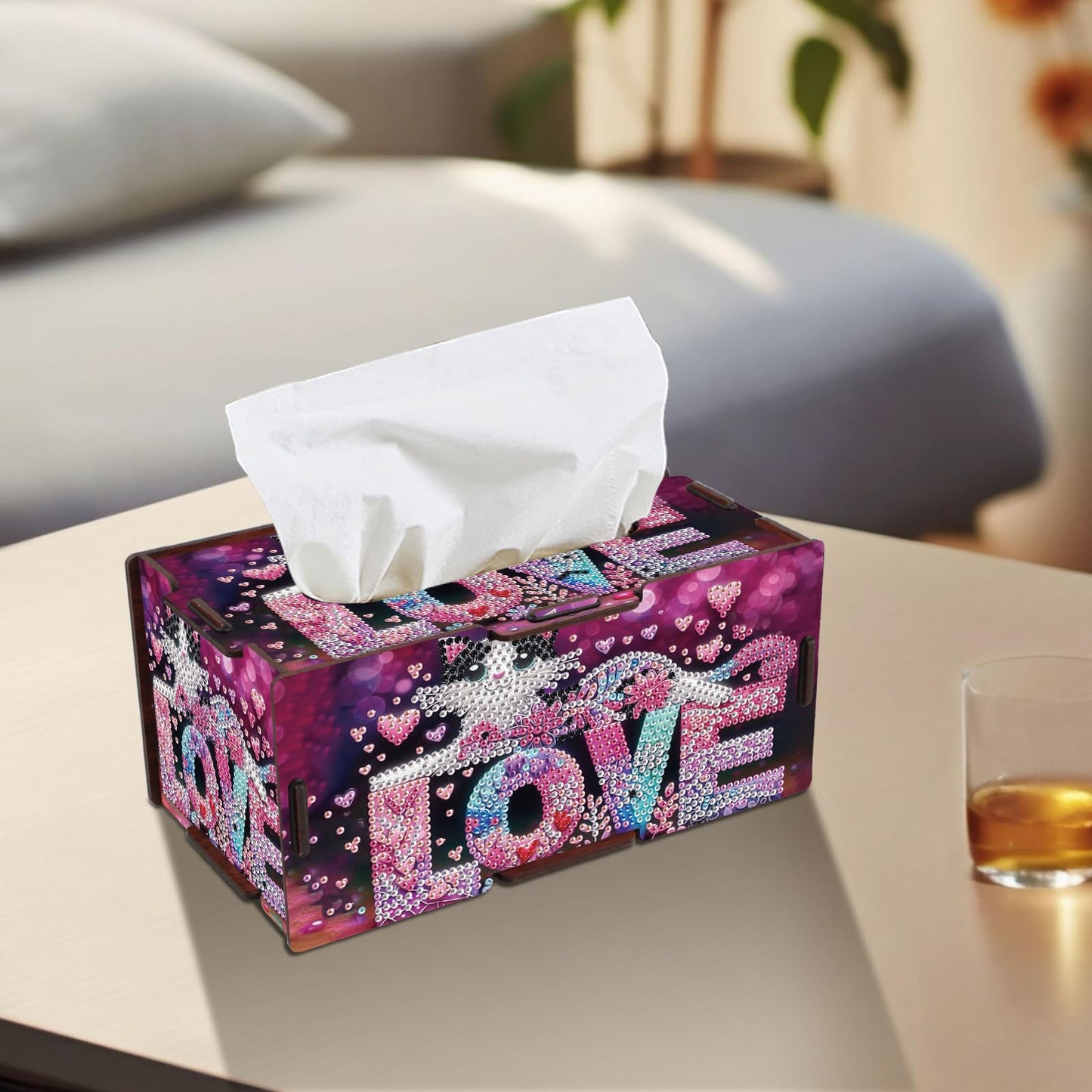 Diamond Painting Tissue Box Cover – Love Letter & Cat Design Wooden DIY Rhinestone Diamond Art Kit, Cute Handmade Craft Tissue Holder for Desktop Home Office Decor
