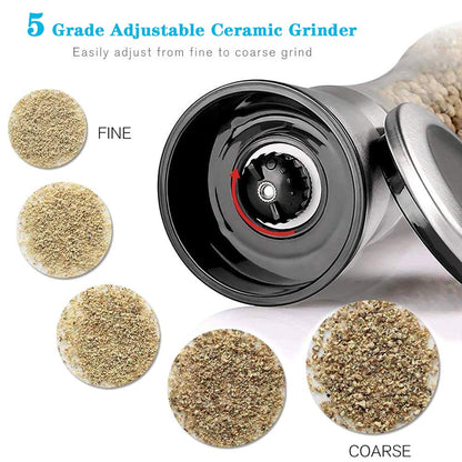 Salt and Pepper Grinder Set, 2-Piece Set, Stainless Steel Material, Adjustable Granularity, Sea Salt Grinder and Pepper Grinder Can Be Refilled, With Stand and Cleaning Brush