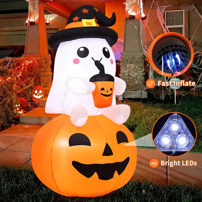 GOOSH 5 FT Halloween Inflatable Ghost Pumpkin Outdoor Decorations Blow Up Yard Ghost in Pumpkin with Built-in LEDs for Indoor Party Garden Lawn Decor