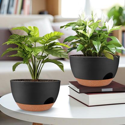 Vanslogreen Plant Pots 12inch Self Watering Pots, Set of 2 Plastic Planters with Drainage Holes and Saucers, Flower Pots for Indoor Outdoor Plants (Black)
