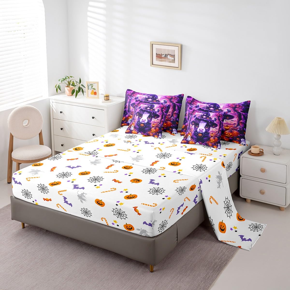 Erosebridal Halloween Highland Cattle Twin Comforter Set 7 Piece for Kids Boys Girls Pumpkin Lantern White Ghost Bed in A Bag with Sheetscartoon Gothic Bedding Set Purple Goth Bed Set