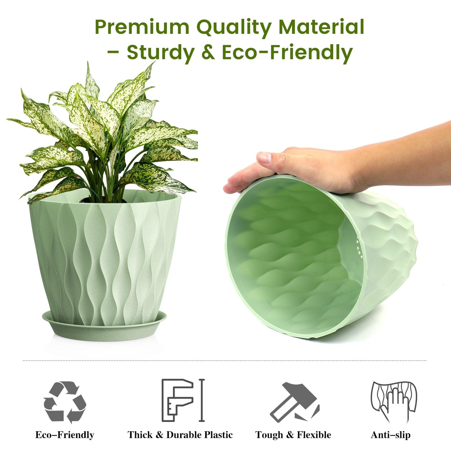 UOUZ 8 Inch Plant Pots, 4 Pack Plastic Planters for Indoor Outdoor with Drainage Holes & Saucers, Waffle Texture Flower Pots for Indoor Plants, Indoor Plant Pots for Monstera, Fiddle Leaf Fig, Green