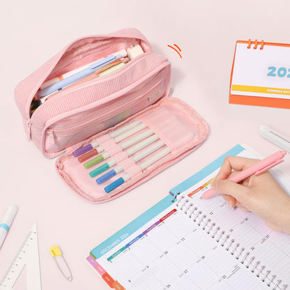 SUNEE Pencil Case, Large Capacity Pencil Pouch, Aesthetic Big Pen Bag, Soft Corduroy Pen Box for Office Stationery Organizer School Supplies Multifunctional for Teen Boys Girls Women Men, Soft Pink