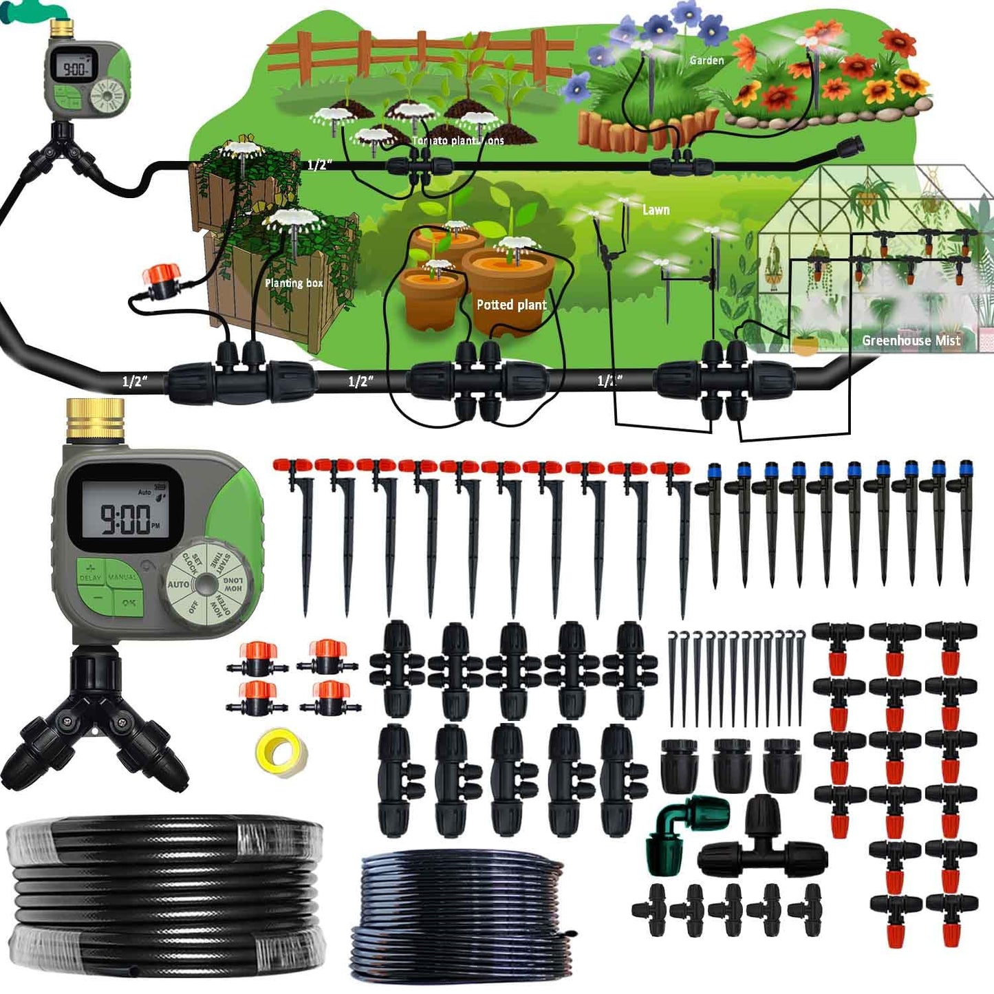 160Ft Drip Irrigation System for Garden with Water Timer, Main Water Hose ID 1/2inch 32Ft, 1/4in 131Ft, Sufficient Water Pressure, Irrigation Dripper Waterflow Evenly, Easy DIY Garden Watering System