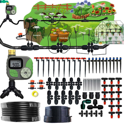 160Ft Drip Irrigation System for Garden with Water Timer, Main Water Hose ID 1/2inch 32Ft, 1/4in 131Ft, Sufficient Water Pressure, Irrigation Dripper Waterflow Evenly, Easy DIY Garden Watering System