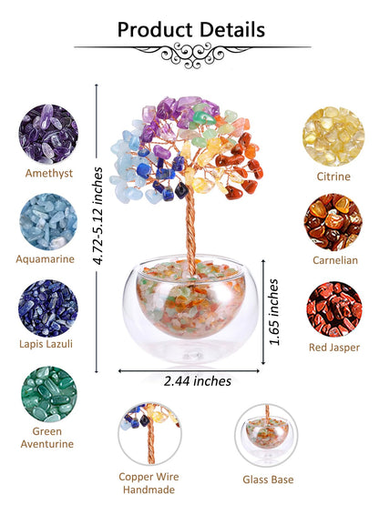 Jovivi 7 Chakra Crystal Trees Hollow Glass Base,4.72"-5.12" Natural Gemstone Healing Crystals Tree of Life Bonsai Money Tree for Home Office Table Decor Wealth and Luck