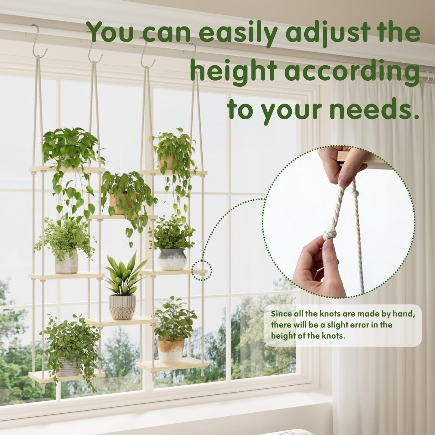 Window Plant Shelves, 8 Tier Window Sill Shelf for Plants, Macrame Hanging Plant Stand Indoor, Plant Hanger Floating Shelves, Window Plants Holder Boho Decor Living Room Bedroom Wall Decor (2 Pack)