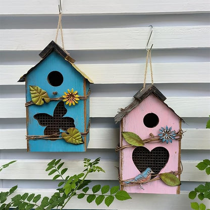 Wood Bird House for Outside, 10" H Hanging Bird House with Waterproof Metal Roof, Vintage Rustic Decorative Birdhouse Wooden Bird Nest Box for Outdoor Garden Yard Decorations (Blue)