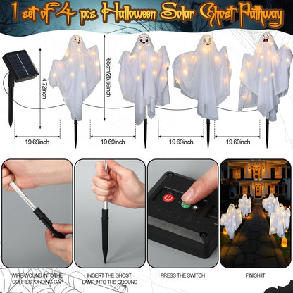 WILLBOND 4 Pcs Halloween Ghost Yard Sign Solar Ghost Outdoor Decoration with Stakes for Halloween Pathway Party Yard Lawn Patio Garden Decorations, 25.59 Inch