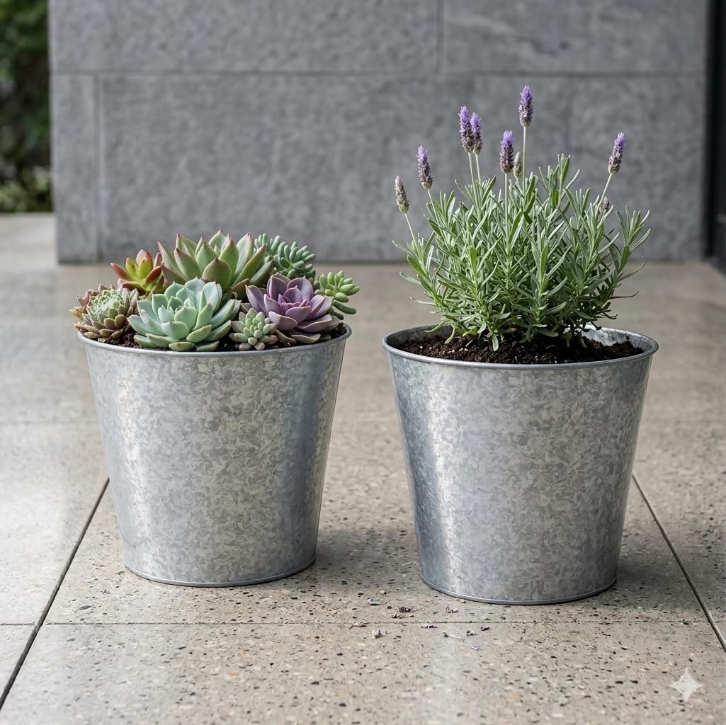 Hosley Set of 2 Galvanized Metal Buckets with Liner – Farmhouse Planters, Floral Arrangements, Storage & Candle Decor Indoor Outdoor Rustic Home Decor Pots