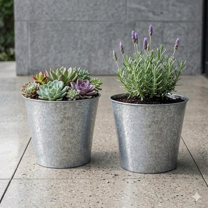 Hosley Set of 2 Galvanized Metal Buckets with Liner – Farmhouse Planters, Floral Arrangements, Storage & Candle Decor Indoor Outdoor Rustic Home Decor Pots