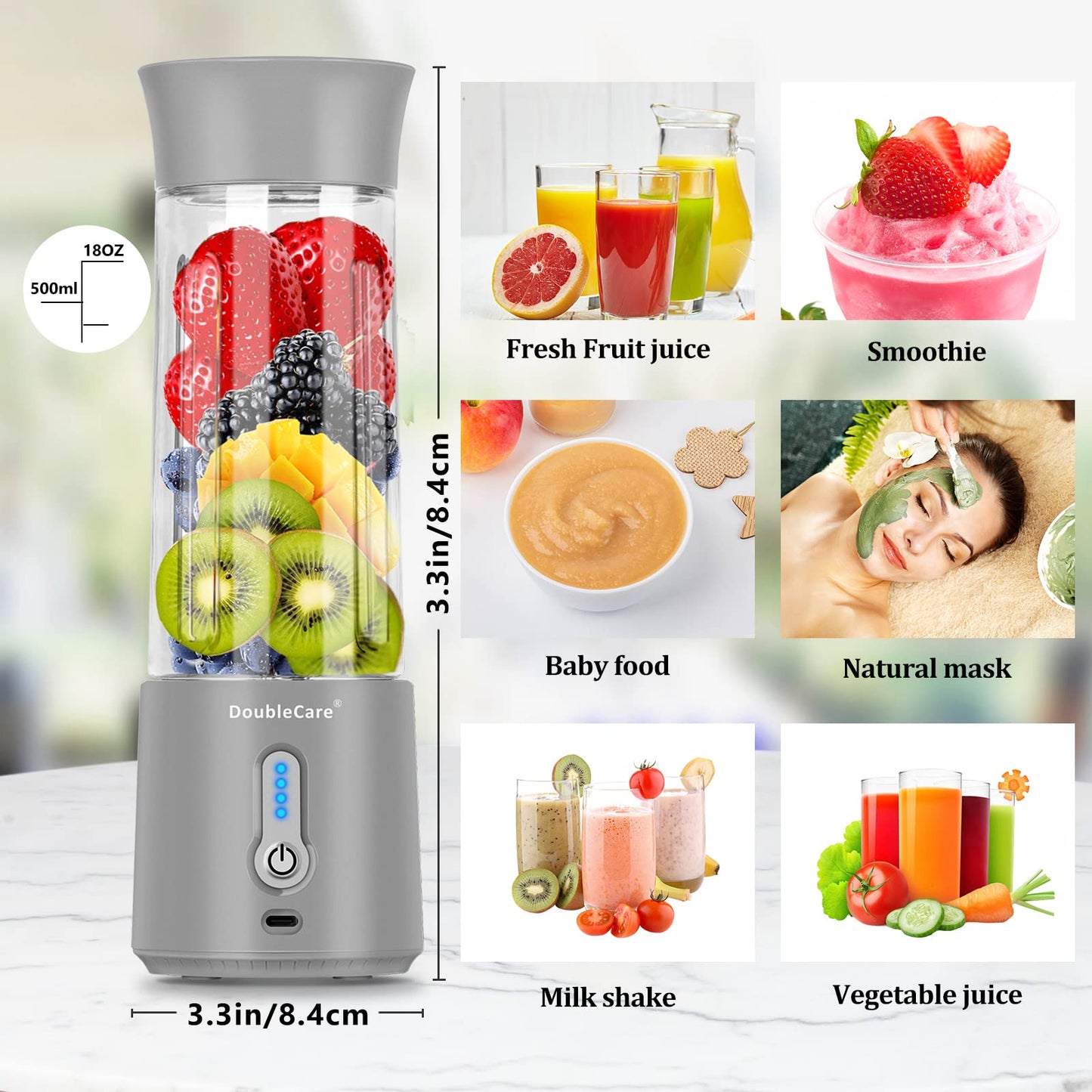 Portable Blender Cup,Electric USB Juicer Blender,Portable Juicer For Shakes and Smoothies, juice,380ml, Six Blades Great for Mixing,light purple
