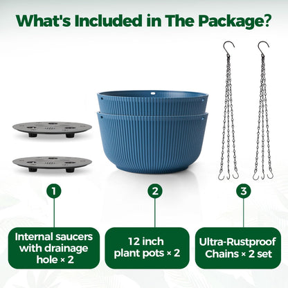 T4U 12 Inch Large Hanging Planters for Outdoor Plants, 2 Pack Self Watering Pots Indoor, Hanging Baskets for Plants,Hanging Flower Pot with Drainage Hole and Plant Hanger, Blue