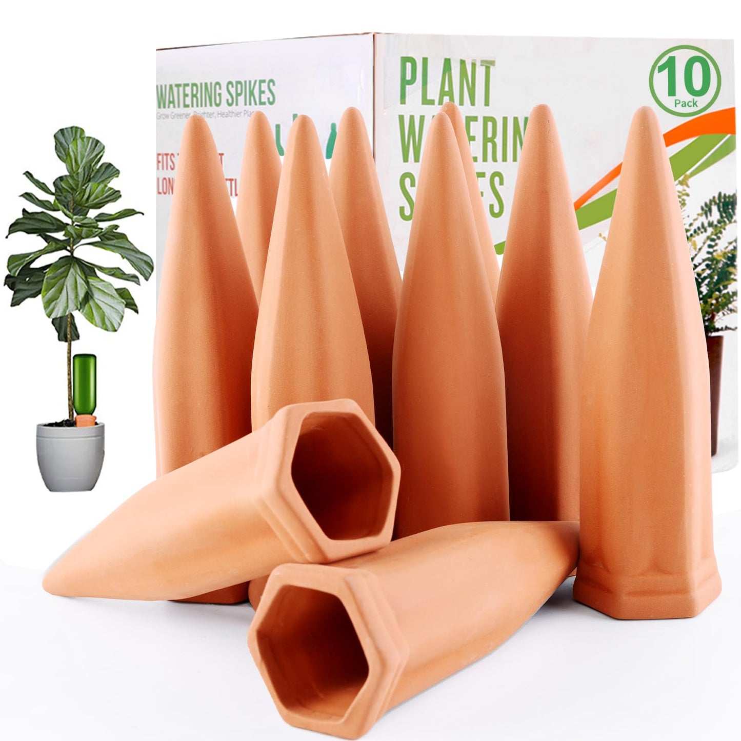 REMIAWY Plant Watering Devices - Terracotta Vacation Self Plant Waterer Spikes Wine Bottle Stakes Slow Release Devices for Indoor Outdoor Plants (10 Pack)