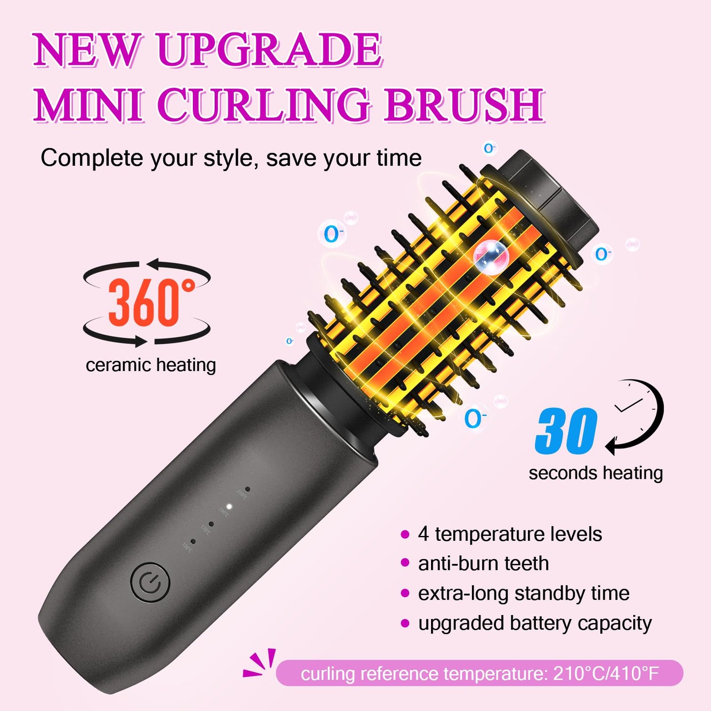 Cordless Hair Curling Iron Brush, Travel Curl Brush, 3-in-1 Portable Curling Iron Cordless, Plasma Thermal Hair Brush, 7000mAh USB Rechargeable Curlings Wand, Mini Hot Curlings Brush-Blush Pink