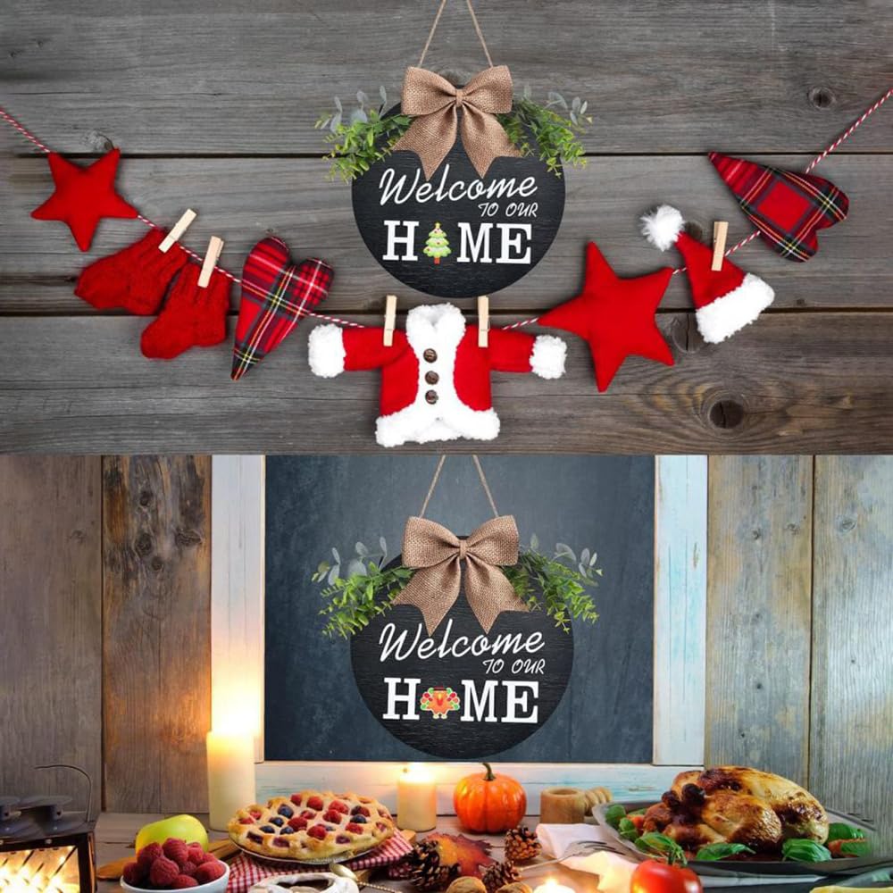 Welcome Wreaths Sign Wreaths Interchangeable Wooden Seasonal Welcome Sign Welcome to Our Home Wreath with Burlap Bow, Greenery and Seasonal Ornaments 12" Decrations for All Seasons