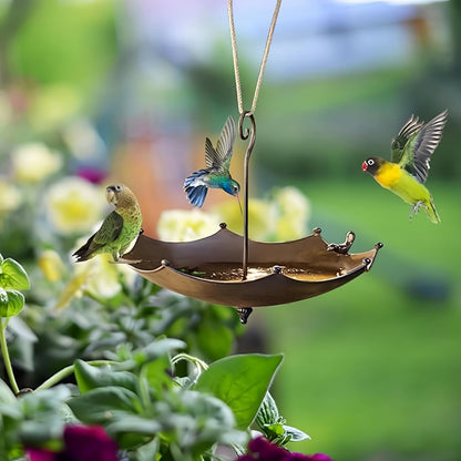 Hanging Bird Feeder Tray Bird Bath for Outdoors, Umbrella Shaped Wild Bird Feeders Tray for Bath, Hummingbird Feeder for Outside, Metal and Water Bowl, Garden Backyard Decor, Brown