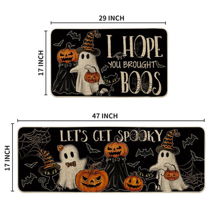 Artoid Mode Black I Hope You Brought Boos Spider Web Pumpkin Halloween Kitchen Mats Set of 2, Black Cat Home Decor Low-Profile Kitchen Rugs for Floor - 17x29 and 17x47 Inch