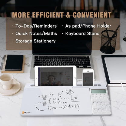 SELEAD Desktop Glass Whiteboard with Calculator & Built-in Mirror, Dry Erase White Board Computer Pad Keyboard Stand with Organizer Drawer, Desk Accessories for Home, School, Office