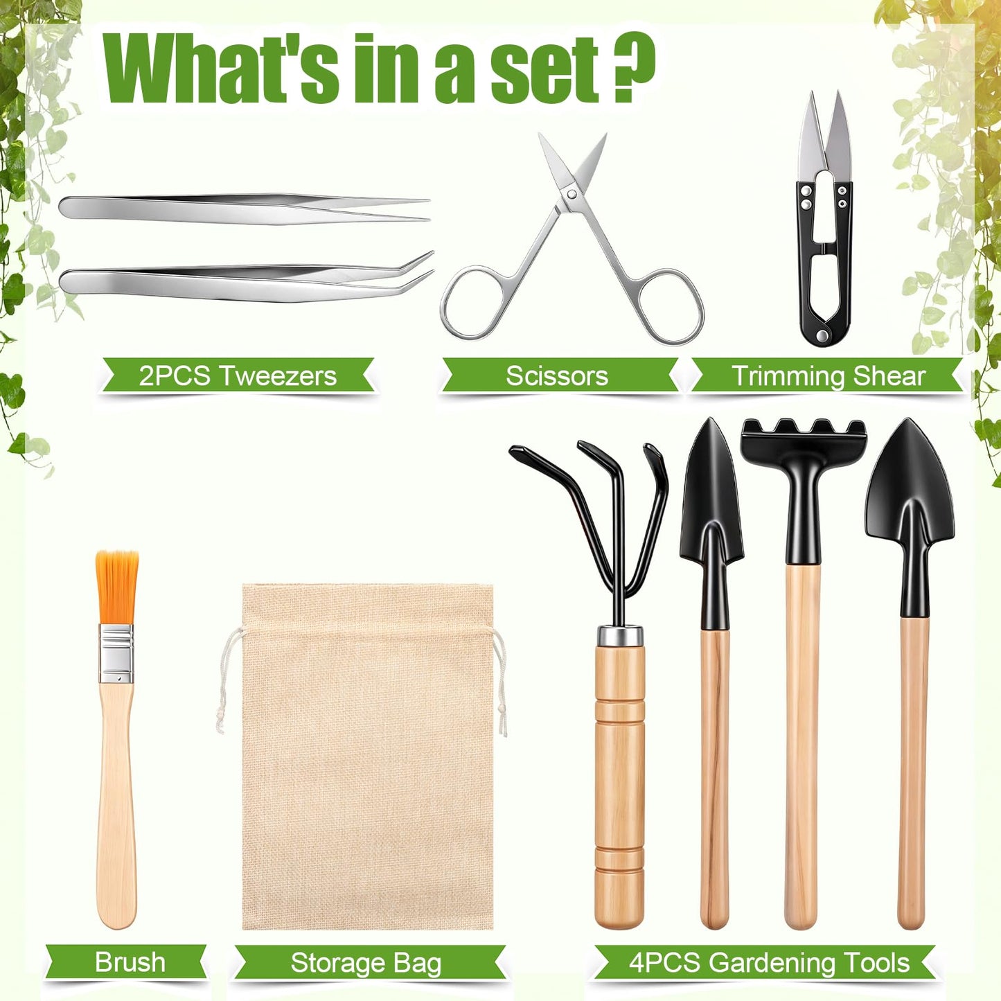 Lanties 8 Sets Kids Mini Gardening Tools with Storage Bags Succulent Potting Planting Kit Indoor with Metal Rake Trowel and Shovel Small Gardening Tools for Cultivating Weeding Transplanting