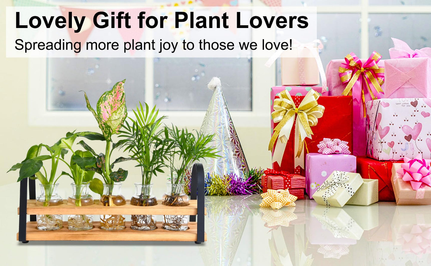 VIKEYHOME Plant Propagation Station with Wood Stand, Desktop Terrarium for Hydroponic, Flower Vase for Home, Kitchen, Office Decor, Plants Lover Gifts