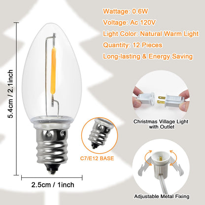Wltotuay C7 LED Light Bulb Cord Clip Lights, 12 Bulbs, Brass, White, Model 6LED for Christmas and Party Decorations