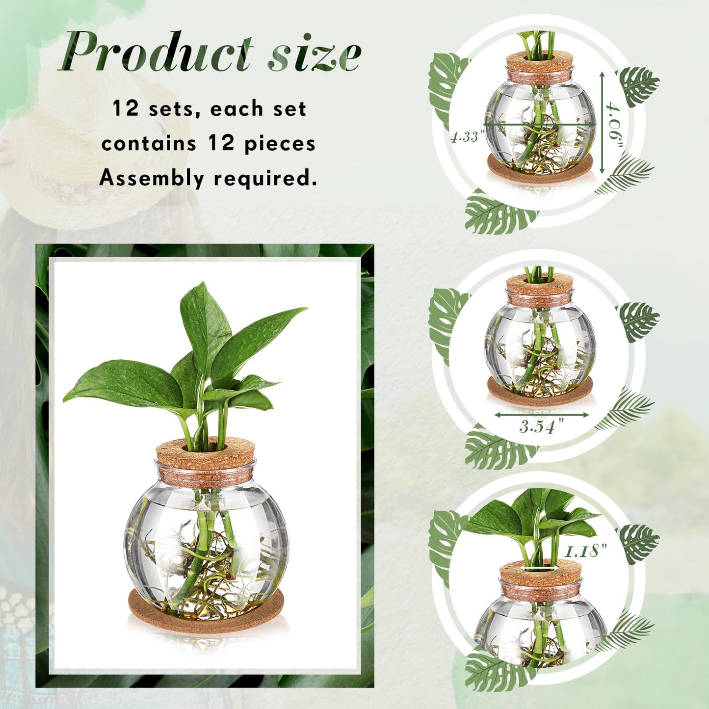 Baderke 12 Packs Propagation Vases for Plants Plastic Plant Propagation Station with Hole Lid and Cork Coasters Plant Growing in Water Hydroponic Home Office Table Decoration(Fish Bowl Style)