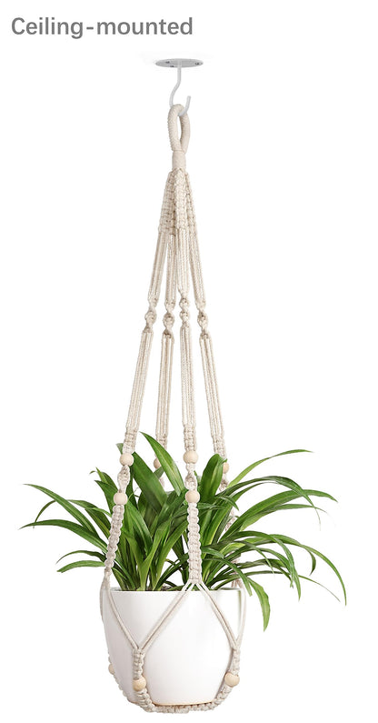 Mkono Macrame Plant Hangers Indoor Jute Hanging Planter Basket and Ceiling Hooks, Wood Beads Decorative Flower Pot Holder for Indoor Outdoor Boho Home Decor,Brown，Set of 2