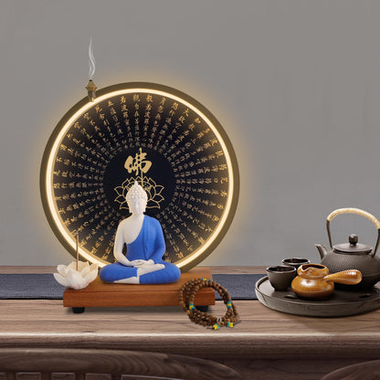KUMOYOU Buddha Statue Decoration, Ceramic Buddha Statue with LED Ring Light & Backflow Incense Burner, Meditation Decor for Home and Office (Blue)
