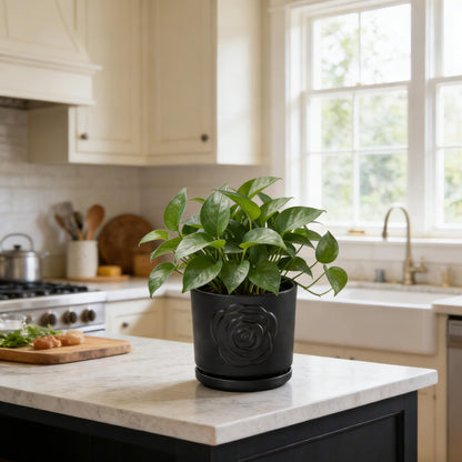Ekirlin 7 inch Plant Pots,Ceramic Rose Flower Planters Indoor,Modern Succulents Containers with Drain Hole Saucer,Weatherproof Pot for Decorate Home,Office & Outdoor (Black)