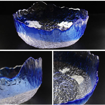 Halyuhn 8 Inch Blue Clear Glass Salad Bowl, 50 OZ Irregular Mixing Bowl with 3 Inch Wall, Decorative Hammered Round Serving Bowl with Wavy Edge for Fruit, Candy Dish, Dining Party, L