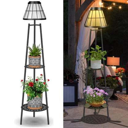 MXwcy 2-Tier Solar Plant Stand with Light, Modern Outdoor Floor Lamp with Classic Grid Lantern, Waterproof Tall Metal Planter Display Rack for Patio, Porch, Balcony, Garden Decor (2 Pack)