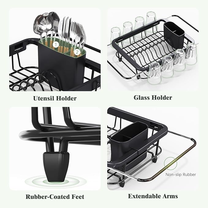 Urackify Expandable Dish Drying Rack Over The Sink, Adjustable Dish Rack in Sink, Rustproof Dish Drainer for Kitchen Counter, Dish Strainer with Utensil Holder (Black, Standard)
